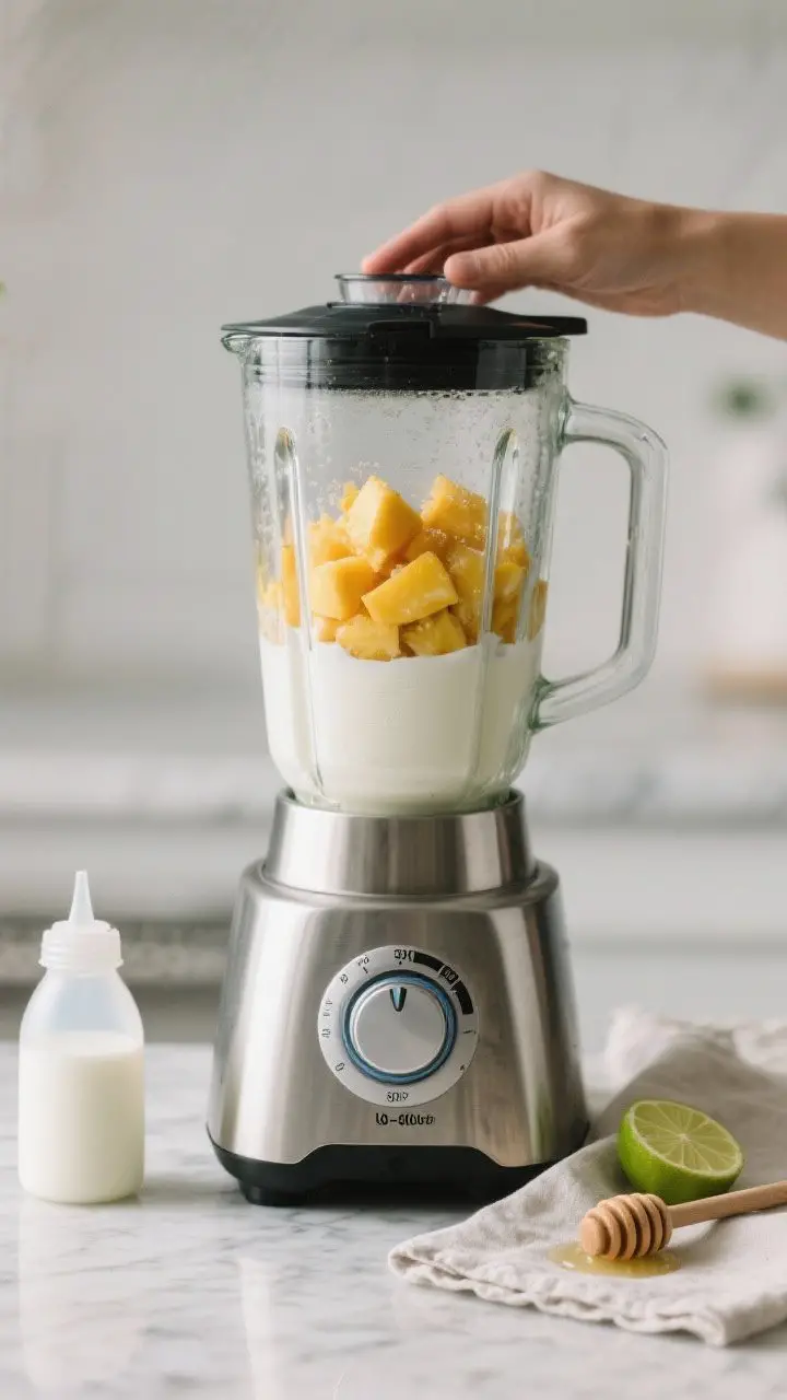 Cooking process: Professional kitchen photography of the smoothie blending stage—blender jar loade