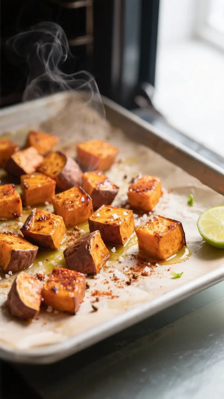 Cooking process — Roasted sweet potatoes coming out of the oven: Close-up of a parchment-lined she