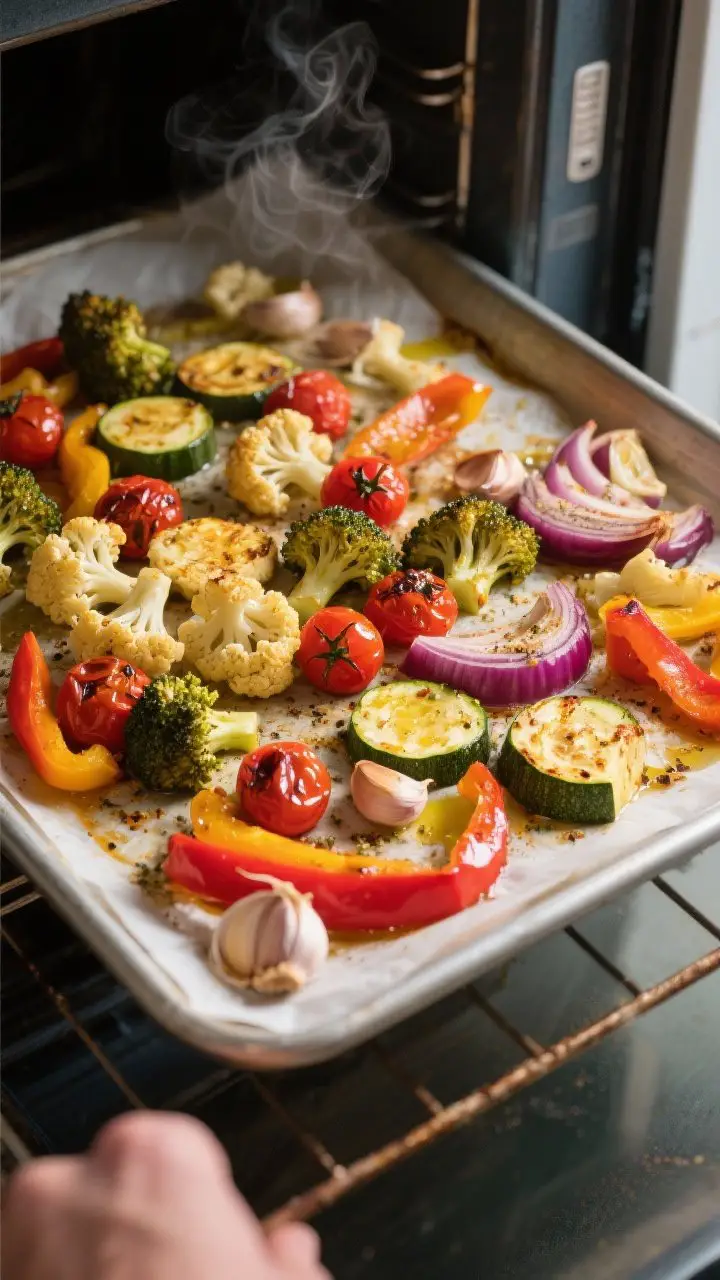 Cooking process, sheet pan in oven: Overhead shot of a parchment-lined sheet pan just after the seco