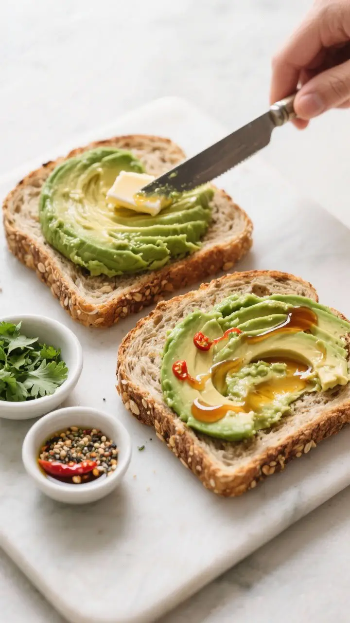 Cooking process shot: Overhead scene of the prepared avocado being spread onto two well-toasted mult