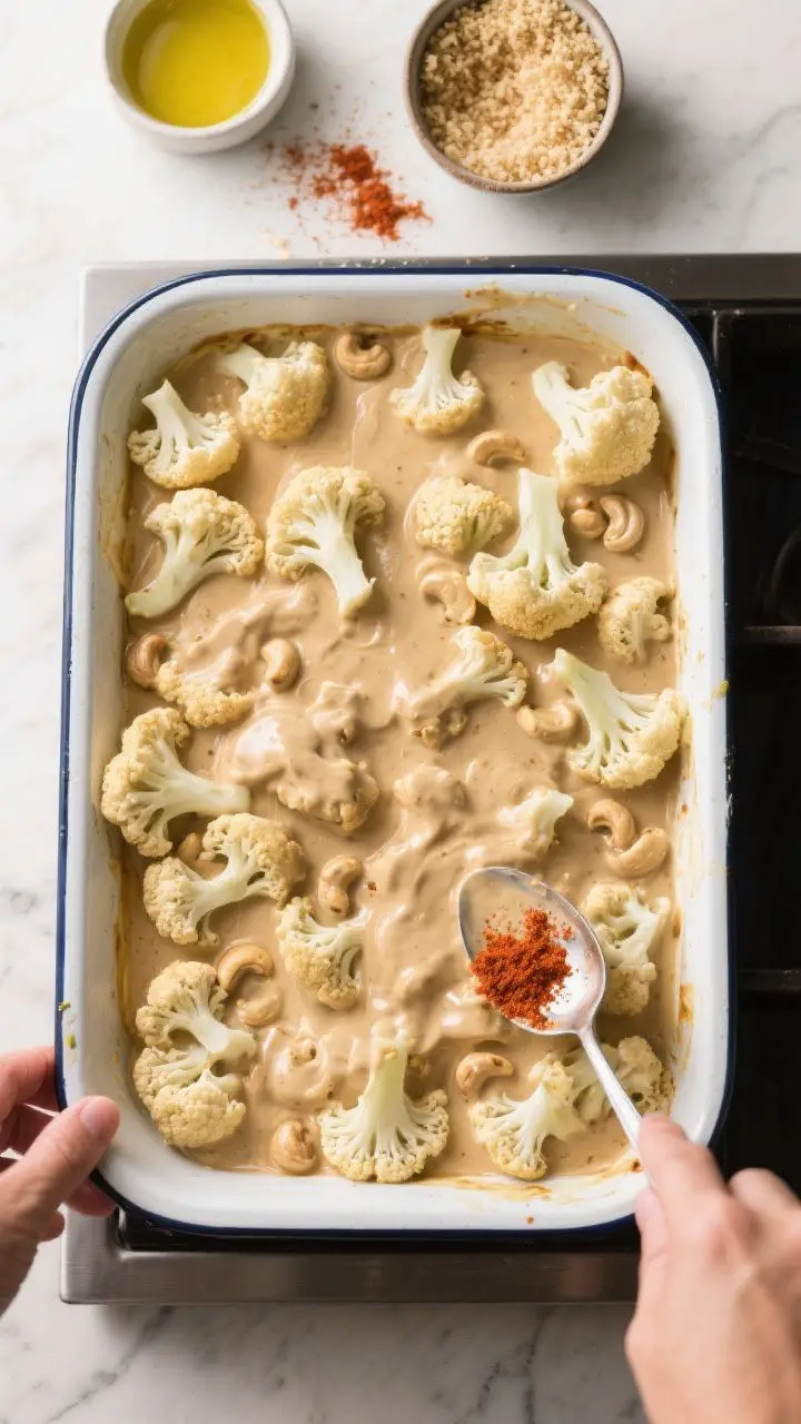 Cooking process shot: Overhead view of a 9x13 baking dish during assembly—par-cooked cauliflower f