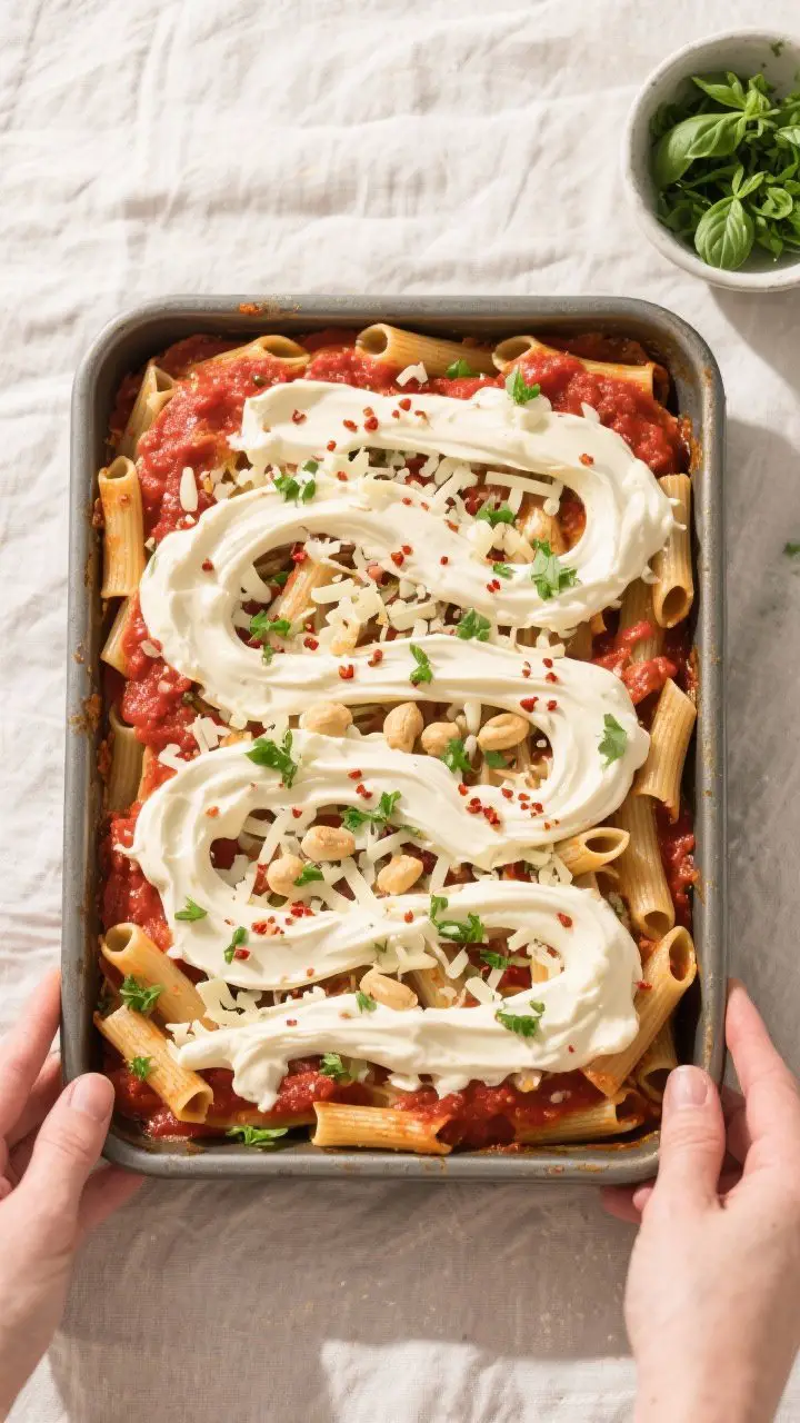 Cooking process shot: Overhead view of the assembled vegan baked ziti just after adding dollops of r