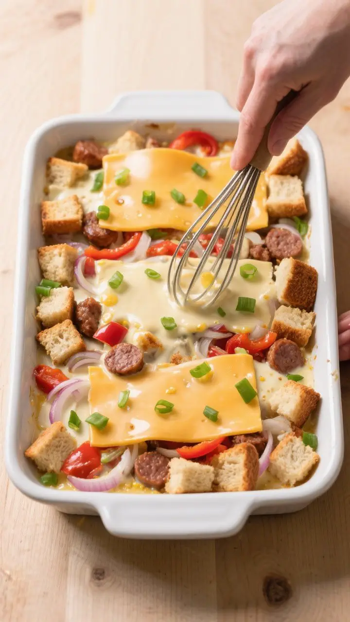 Cooking process shot: Overhead view of the assembled casserole right before baking, bread cubes soak