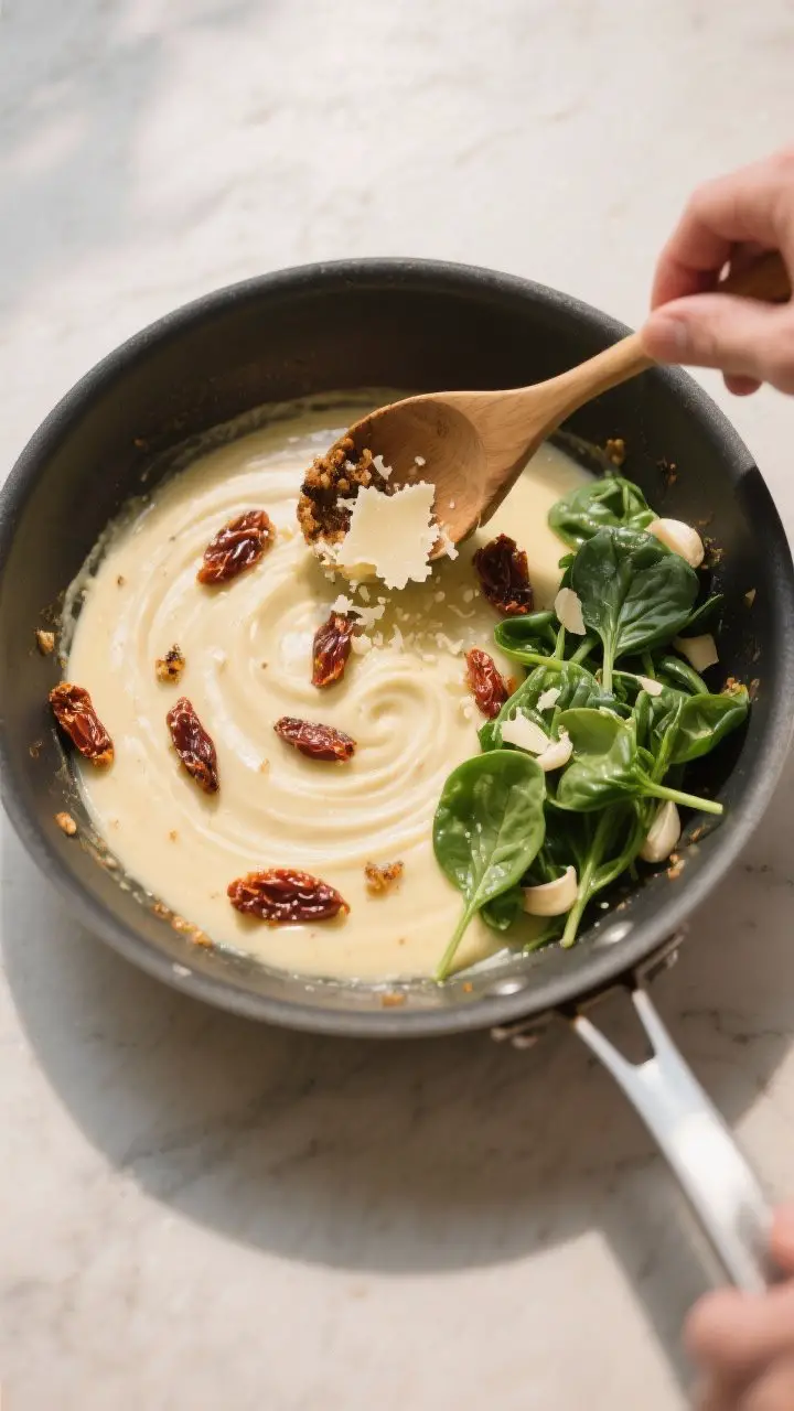 Cooking process shot: Overhead view of the deglaze and cream phase in a wide skillet—sauce gently