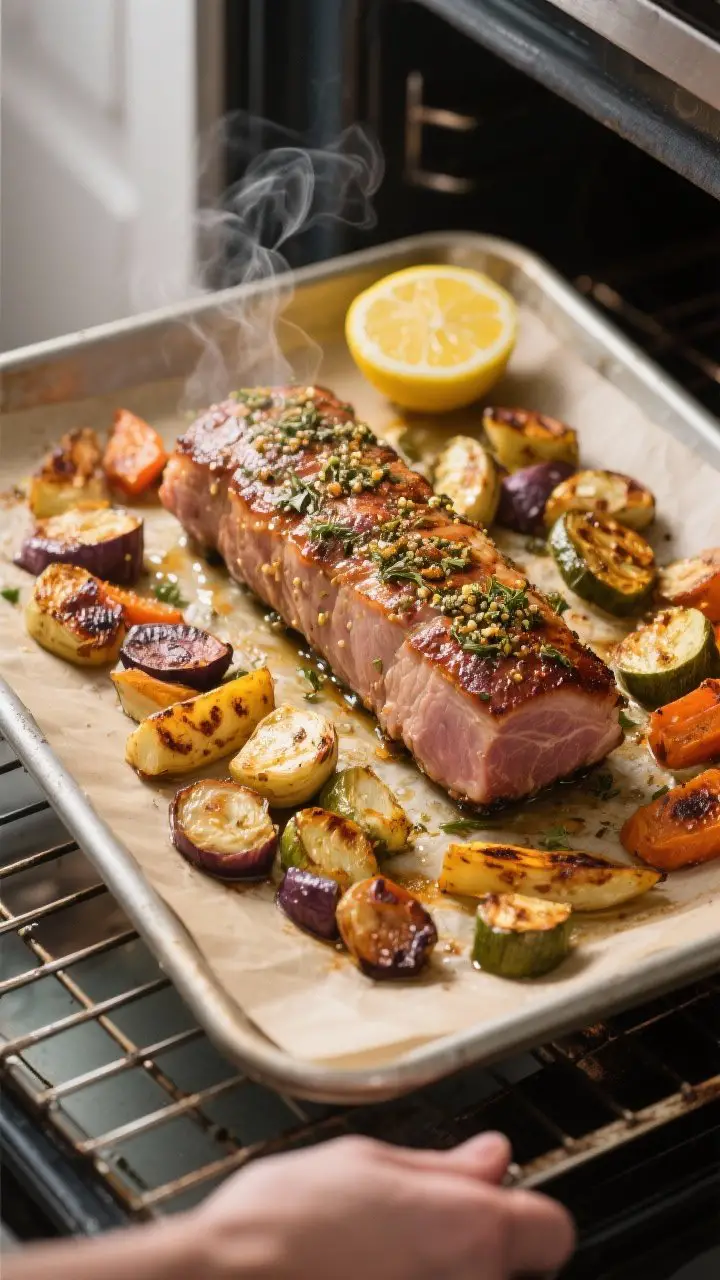 Cooking process shot: Overhead view of the sheet pan just out of a 425°F oven—pork tenderloin res