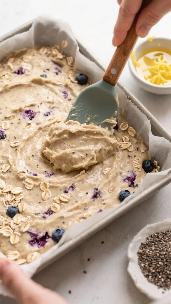 Cooking process shot: Overhead view of the thick, scoopable batter being pressed and smoothed evenly