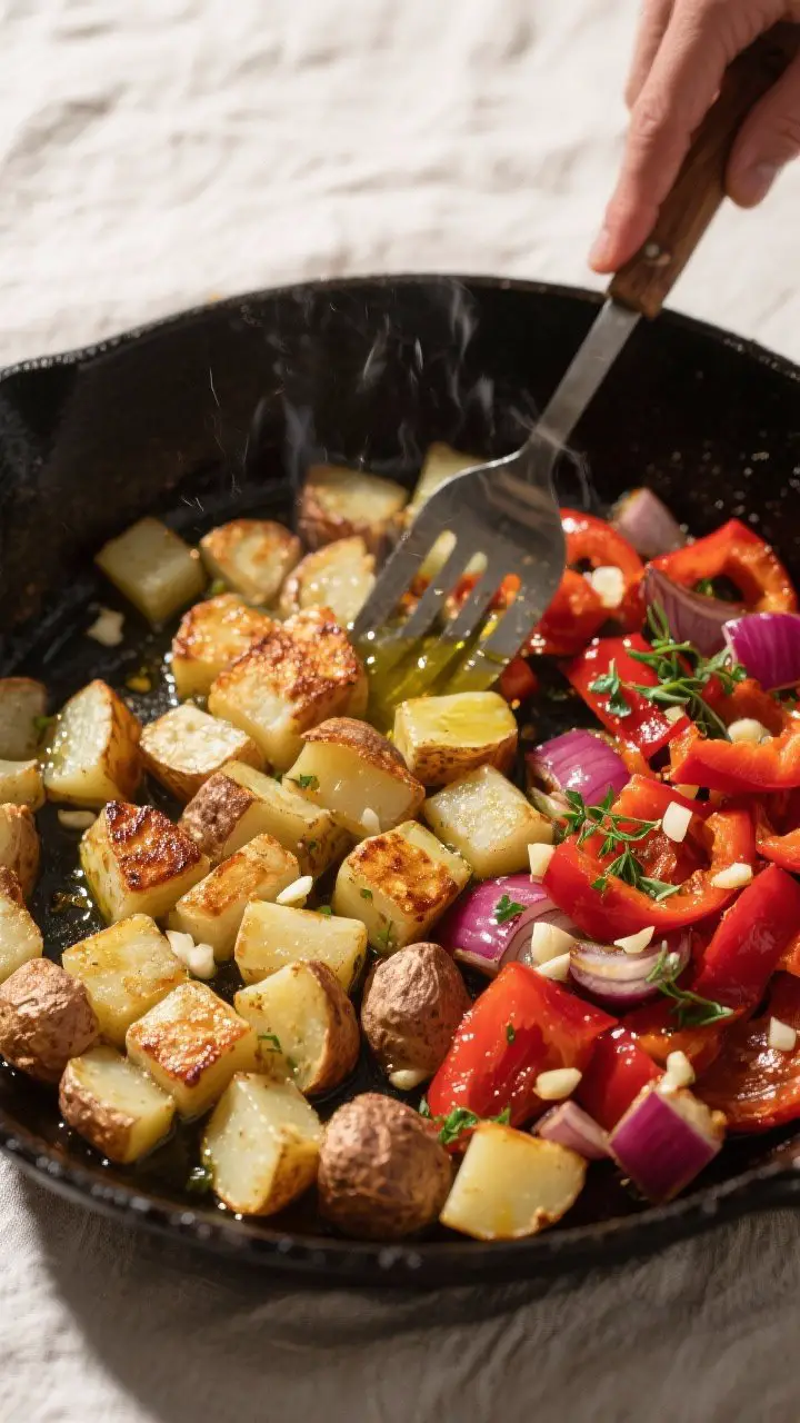Cooking process shot: Pan-fry option in action—single layer of parboiled diced potatoes in a large