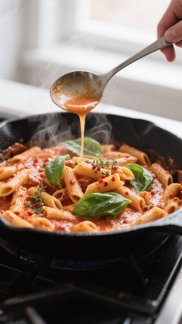 Cooking process shot: Penne being tossed in a wide skillet with glossy creamy tomato sauce, steam ri