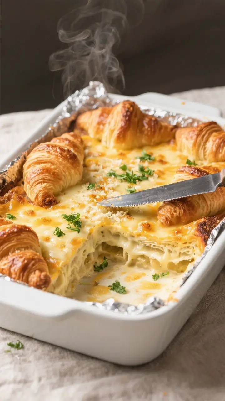 Cooking process shot: The assembled bake just out of the oven with the foil removed in a 9x13 white 