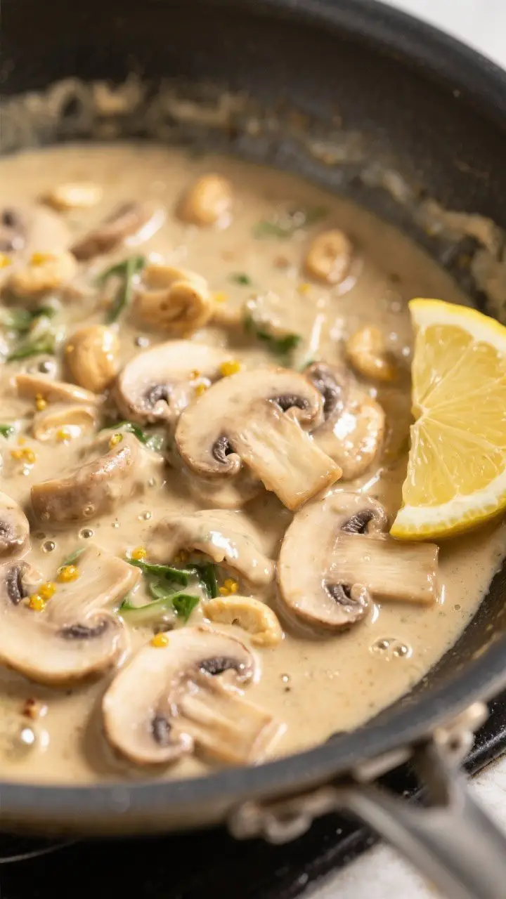 Cooking process: Silky vegan mushroom stroganoff sauce mid-simmer in a sauté pan, cornstarch-thicke