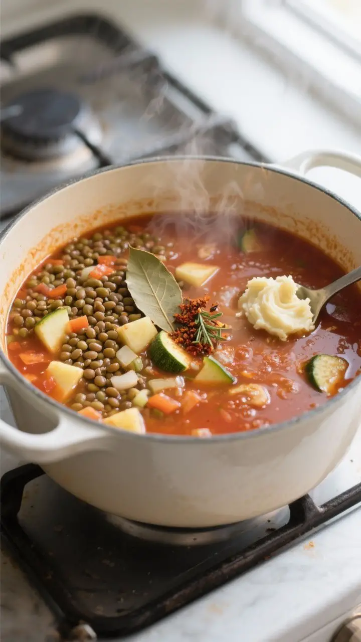 Cooking process, stovetop action: A large enameled Dutch oven with the soup mid-simmer, showing tend