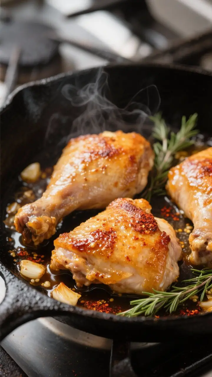 Cooking process, stovetop sear: Close-up of bone-in, skin-on chicken thighs sizzling skin-side down