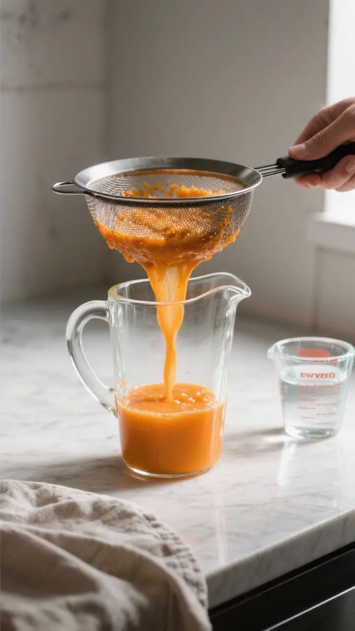 Cooking process: The blender method in action—thick, vibrant orange puree being poured through a f