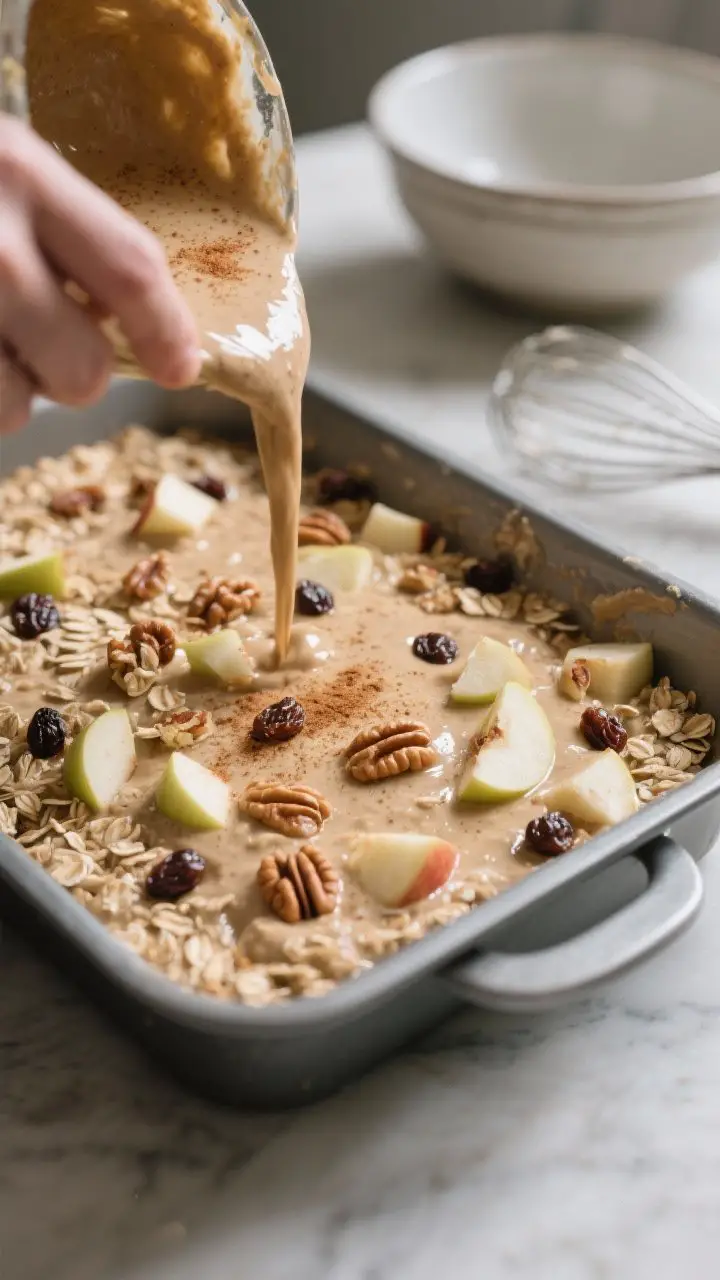 Cooking process: The combined oat mixture being poured into a greased baking dish, already folded wi