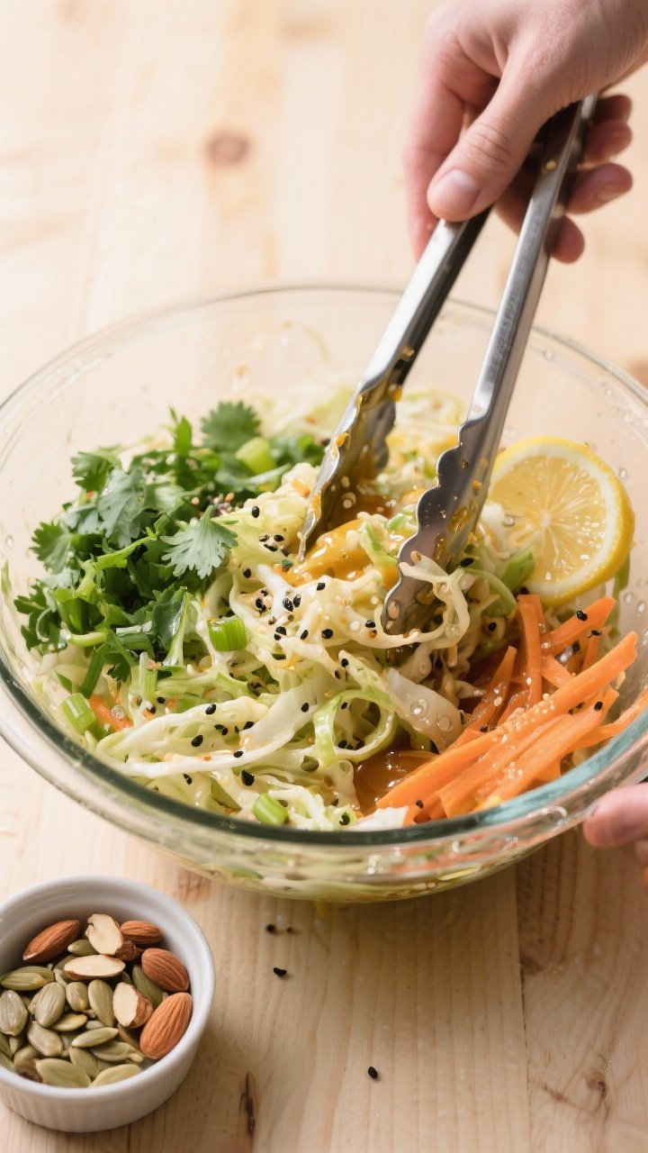 Cooking process: The dressed slaw being tossed in a large glass mixing bowl with tongs, showing the 