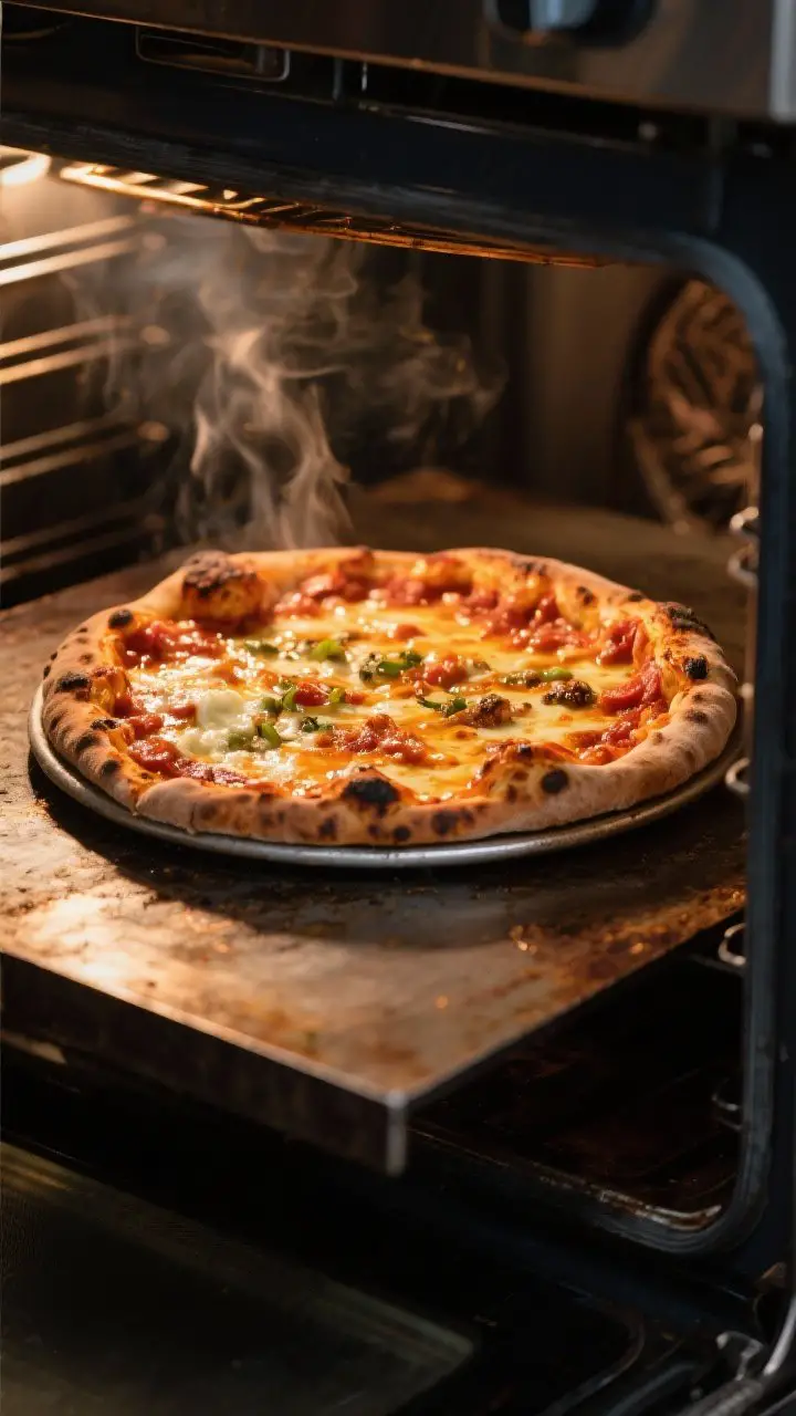 Cooking process: The pizza mid-bake on a screaming-hot pizza steel inside the oven, captured through
