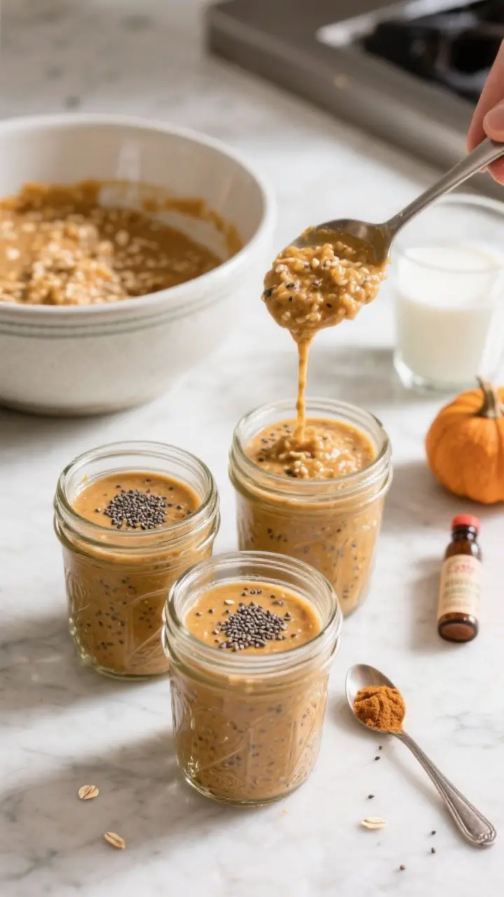 Cooking process: The prepared oats mixture being portioned into multiple jars for batch prep—thick