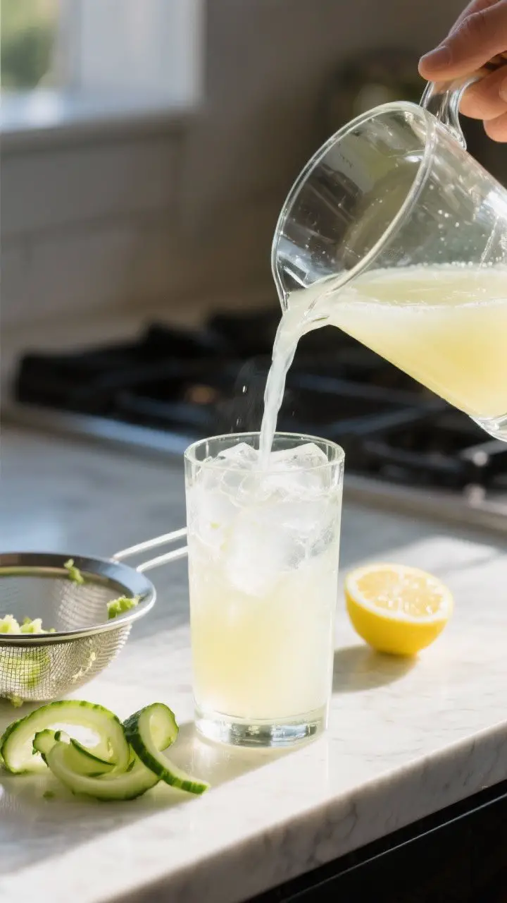 Cooking process: The strained juice being poured from a clear pitcher into a tall glass over ice, ca