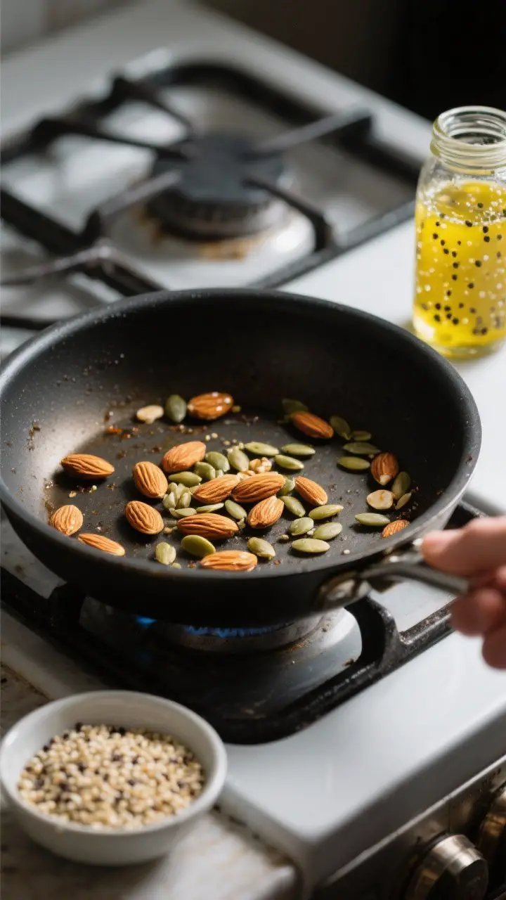 Cooking process: Toasting nuts and seeds for the salad in a dry skillet—almonds and pumpkin seeds 