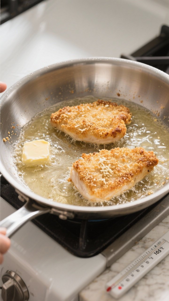 Cooking process: Two breaded chicken cutlets frying in a wide stainless-steel skillet, shallow fryin