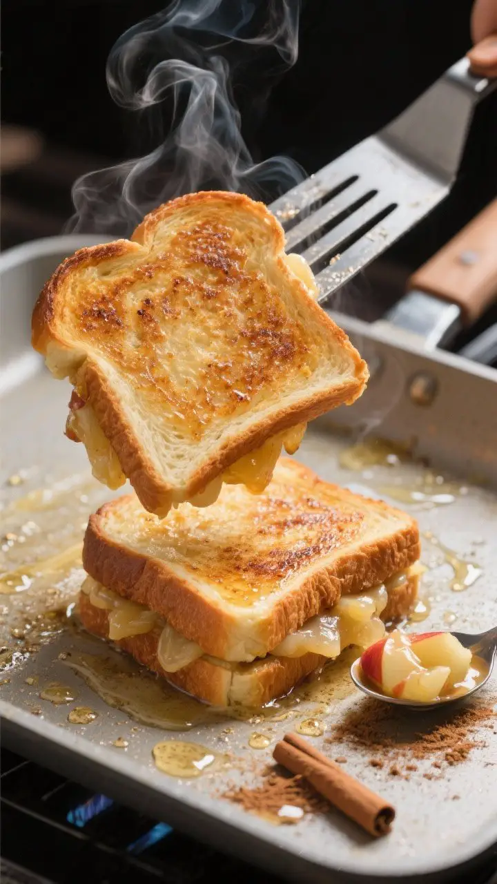 Cooking process: Two stuffed brioche slices mid-cook on a buttered griddle over medium heat, one sli
