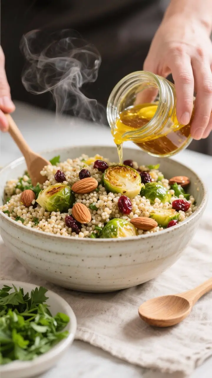 Cooking process: Warm quinoa salad being combined in a large ceramic mixing bowl—steam visible fro