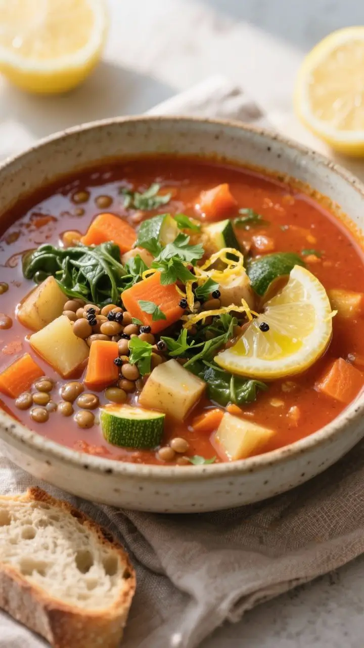 Final bowl, cozy presentation: A hearty bowl of vegetable lentil soup served hot, overhead three-qua