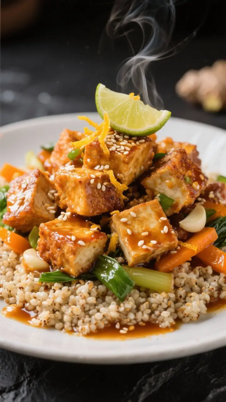 Final dish beauty shot (three-quarter angle): Restaurant-quality plated Crispy Orange Tofu piled hig