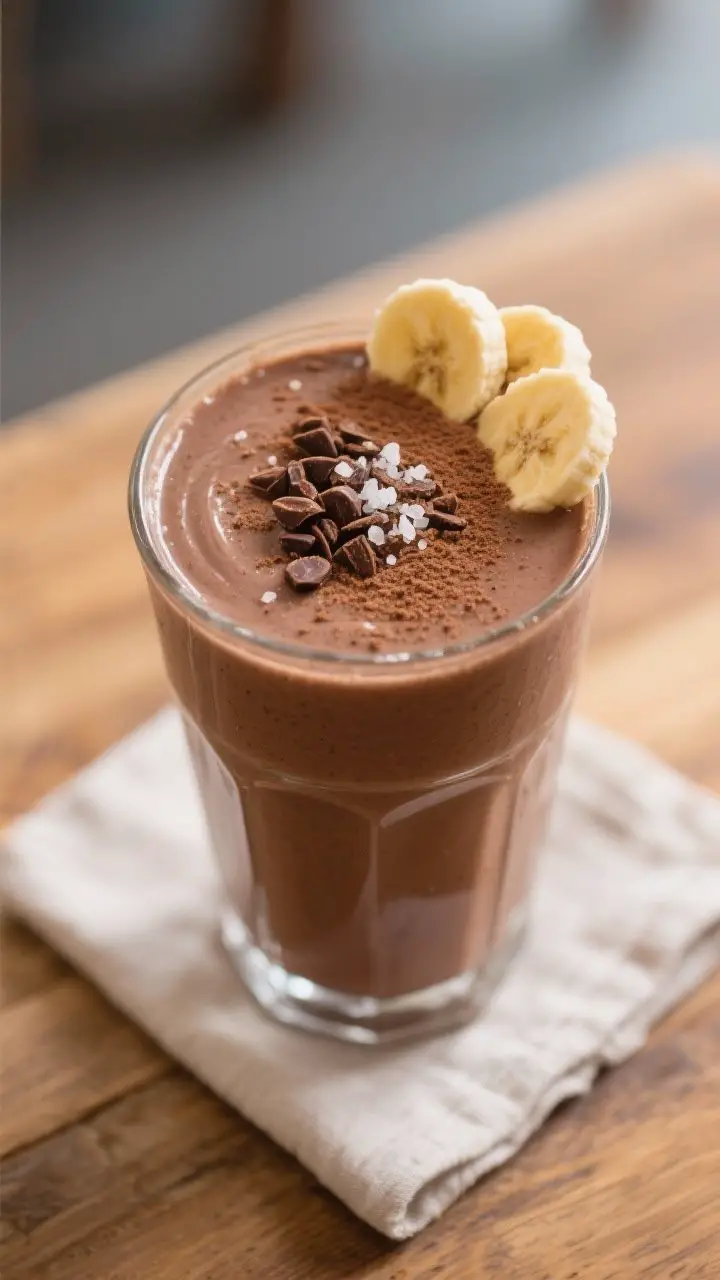 Final dish close-up: Ultra-creamy vegan chocolate banana breakfast smoothie poured into a tall clear