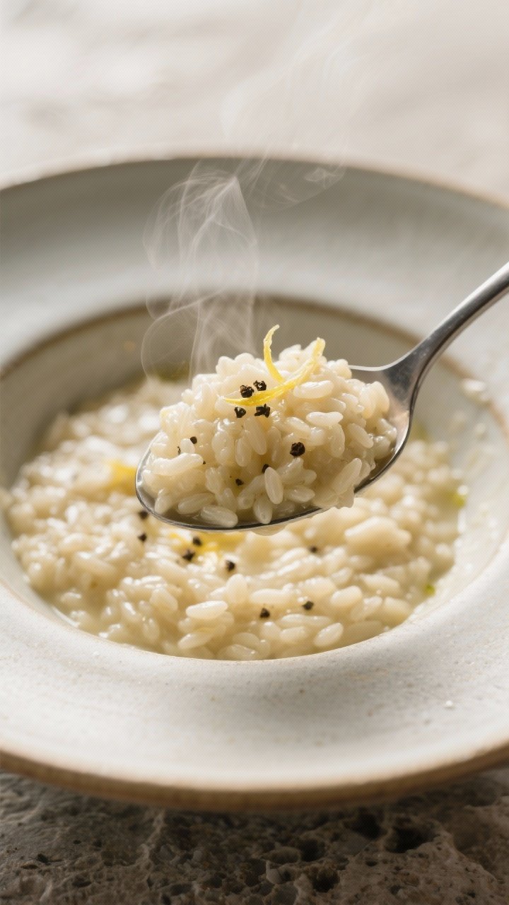 Final dish hero with texture emphasis: Tight 45-degree angle on a swooped spoonful of finished risot