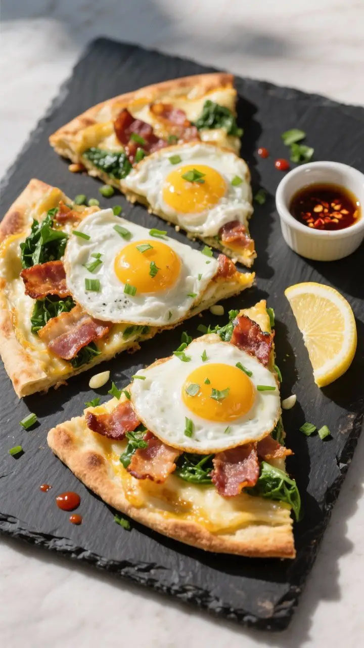 Final dish – Overhead, restaurant-quality presentation of the sliced breakfast flatbread on a dark
