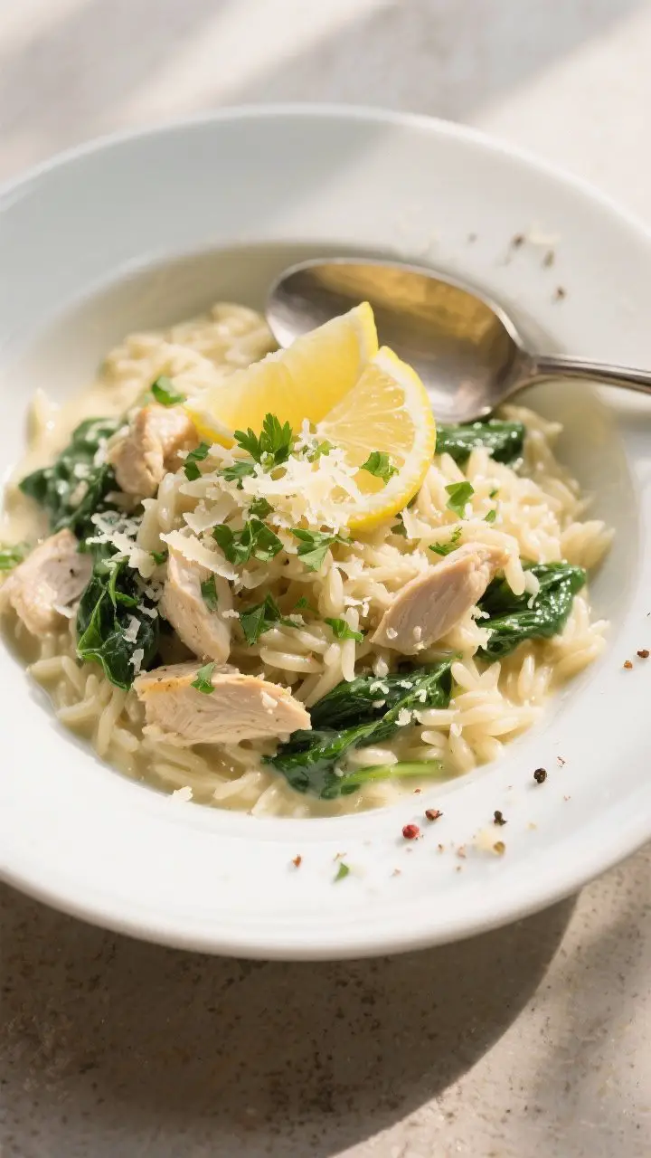 Final dish plated: Beautifully plated bowl of creamy lemon Parmesan chicken orzo, garnished with cho