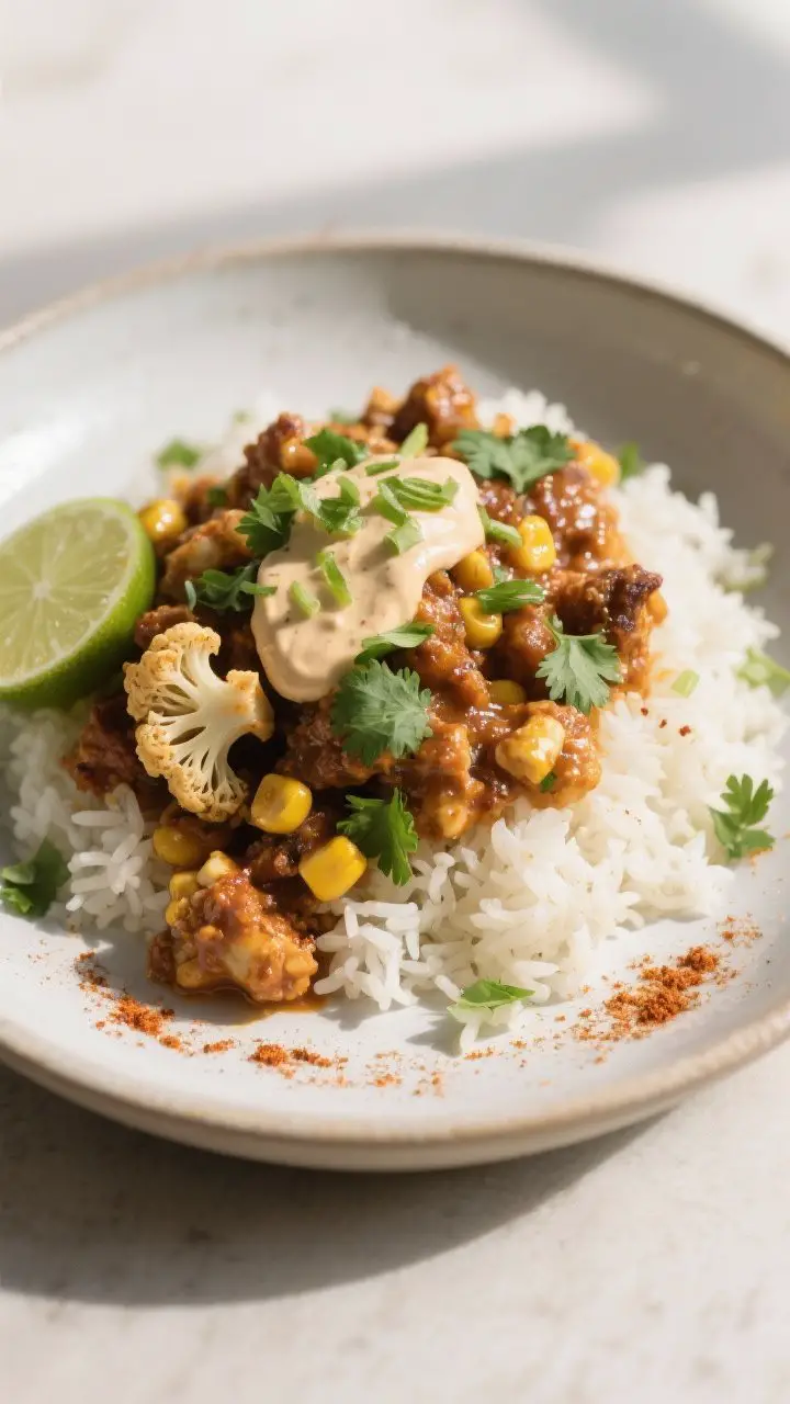 Final dish, plated bowl: Restaurant-quality presentation of the skillet served over cilantro-lime ri