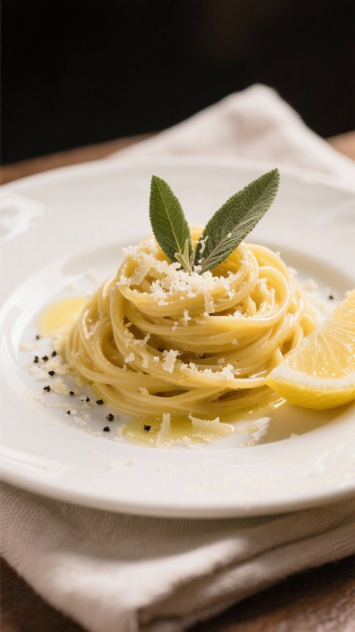 Final dish presentation: Beautifully plated pasta with butter, Parmesan, and sage twirled into a nea