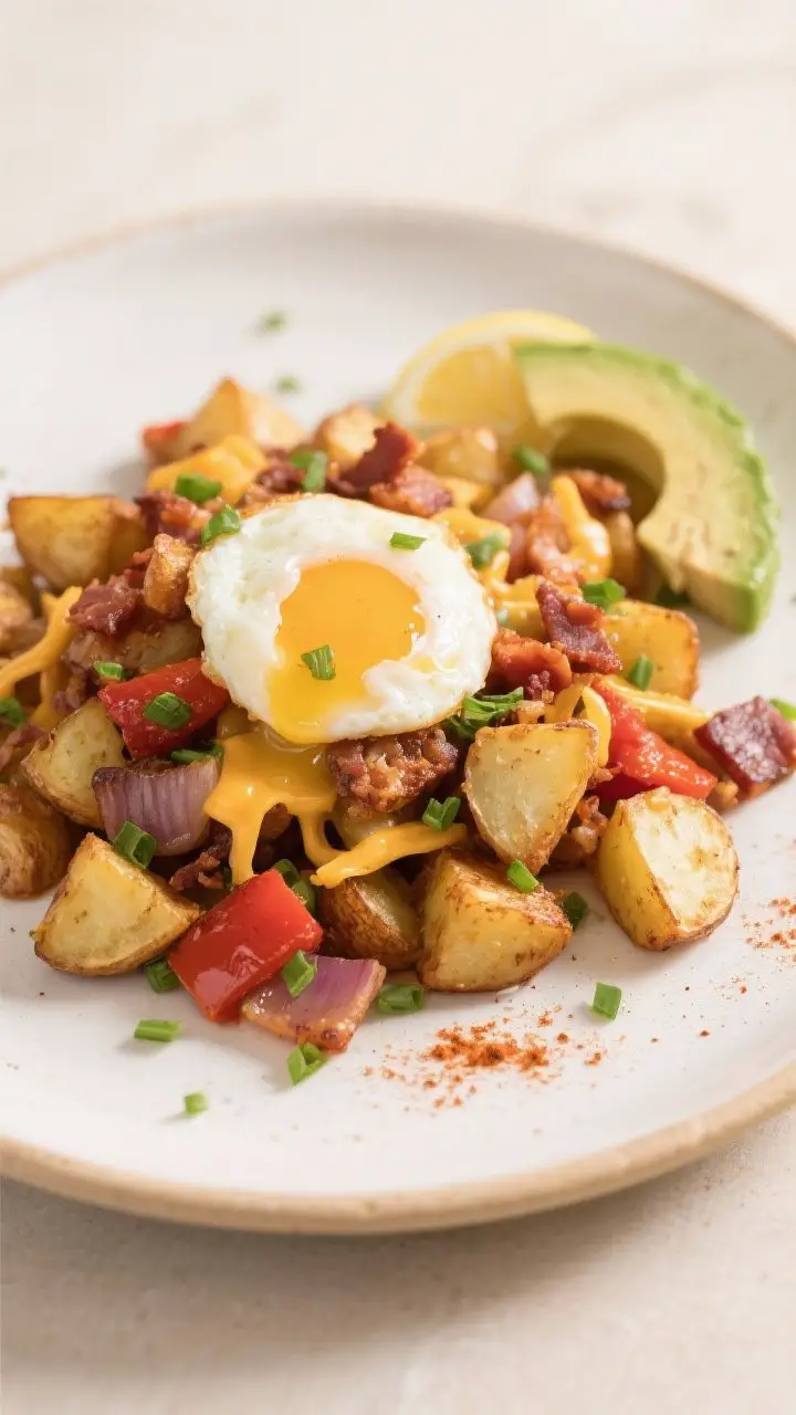 Final dish presentation: Beautifully plated portion of Savory Breakfast Potato and Egg Hash on a war