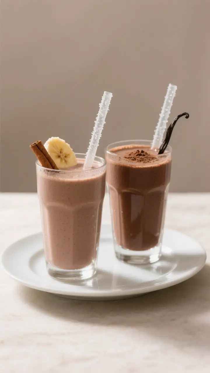 Final dish presentation: Beautifully plated smoothie setup featuring two glasses—one classic versi