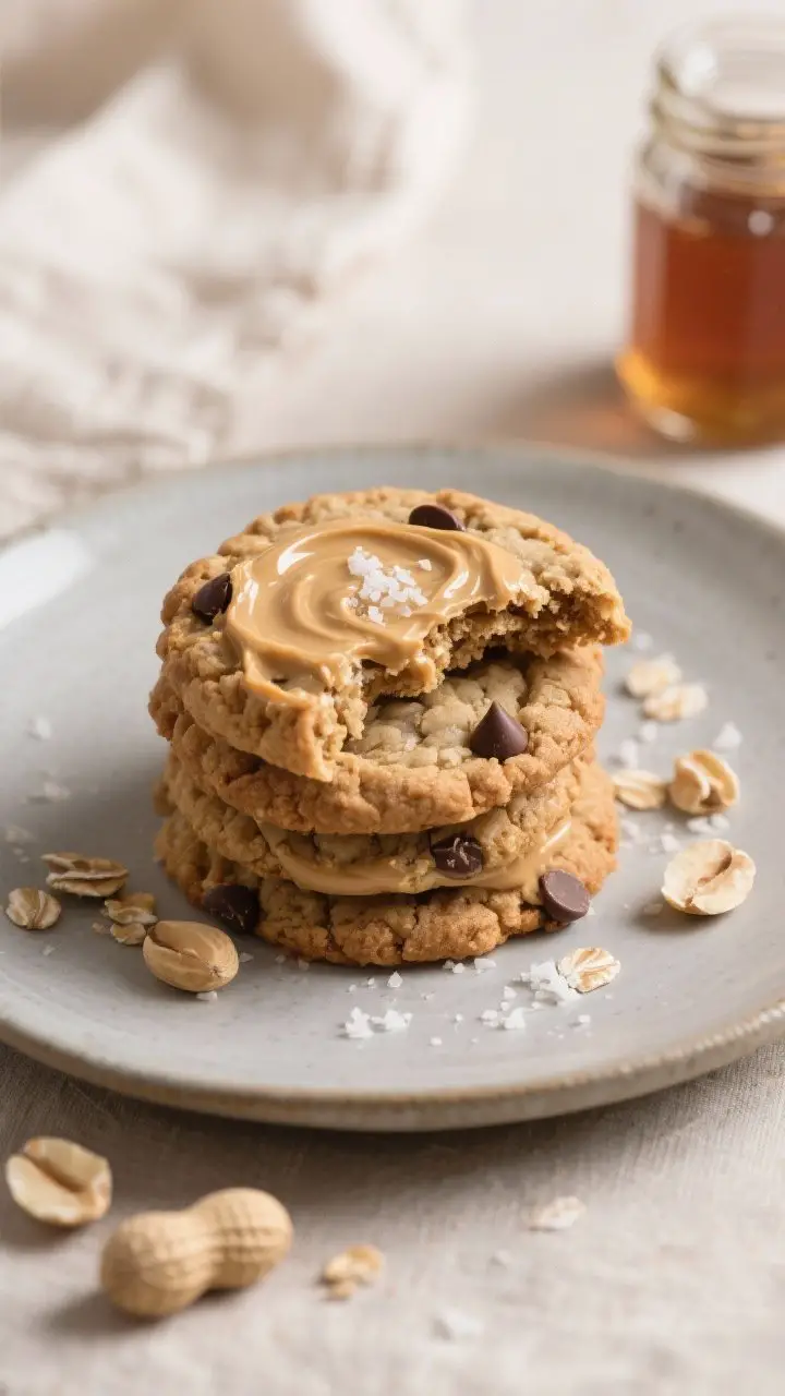 Final dish presentation: Beautifully plated stack of vegan peanut butter breakfast cookies on a matt