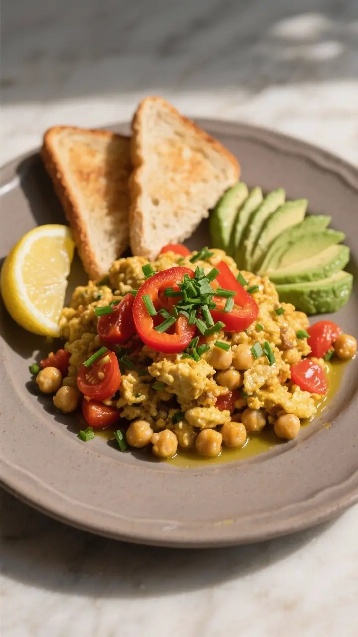 Final dish presentation: Beautifully plated Vegan Savory Chickpea Breakfast Scramble mounded on a wa