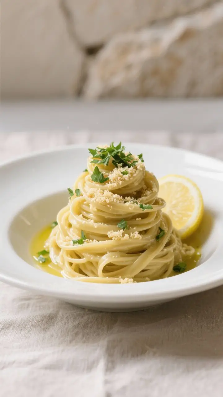 Final dish presentation: Beautifully plated vegan garlic parmesan fettuccine twirled into a tall nes