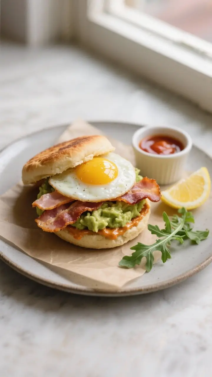 Final dish presentation: Breakfast sandwich with turkey bacon and avocado on a toasted English muffi