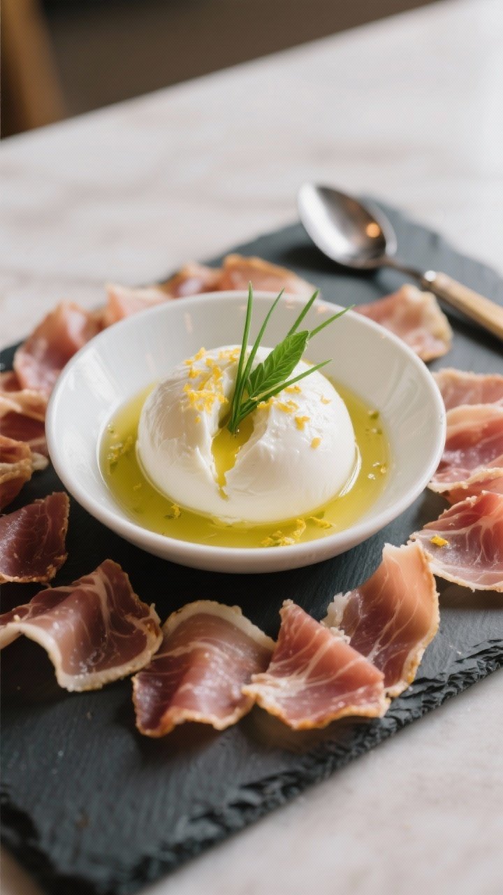 Final dish presentation: Burrata dip in a shallow white bowl with the top gently opened to reveal th