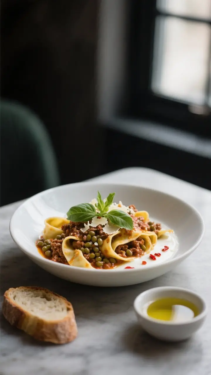 Final dish presentation: Elegant bowl of pappardelle swirled with silky lentil bolognese finished wi