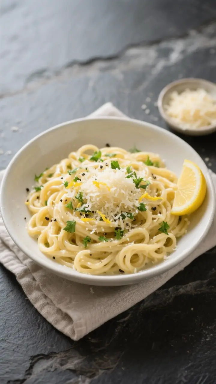 Final dish presentation – Plated cozy bowl: overhead top-down shot of the finished creamy garlic P
