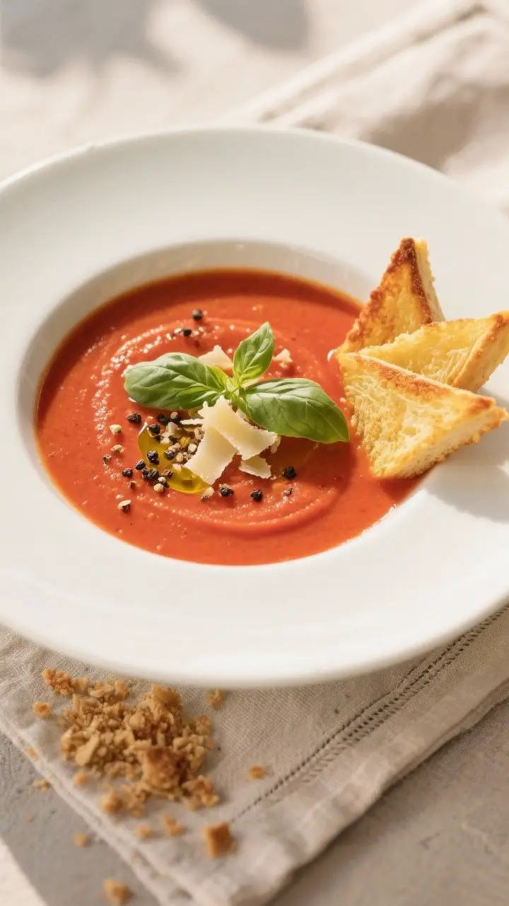 Final dish presentation: Restaurant-quality bowl of creamy tomato basil soup on a matte white plate,