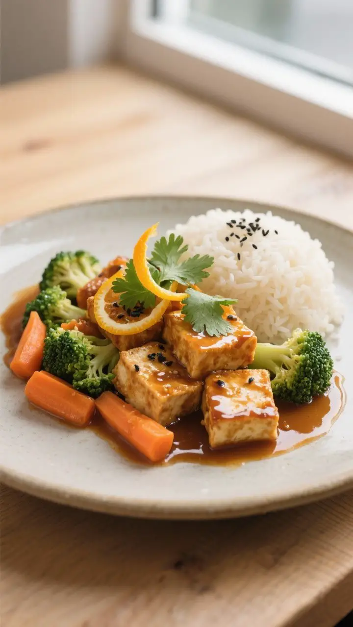 Final dish presentation: Restaurant-quality plate of Orange-Ginger variation—crispy tofu with glos