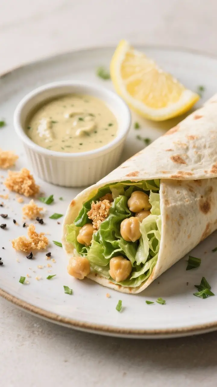 Final dish presentation: Restaurant-quality plated Crispy Chickpea Caesar Wrap, sliced on the bias t