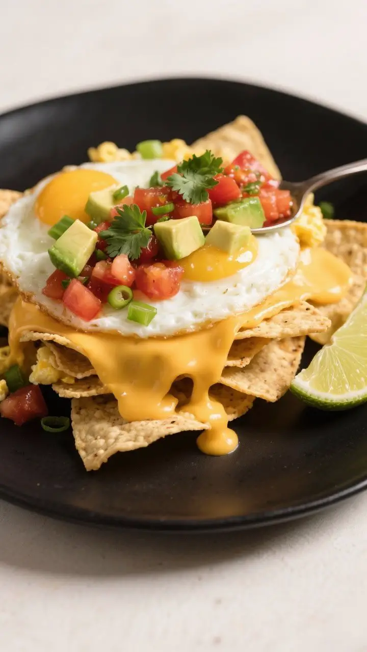 Final dish presentation: Restaurant-quality plated portion of breakfast nachos on a matte black plat