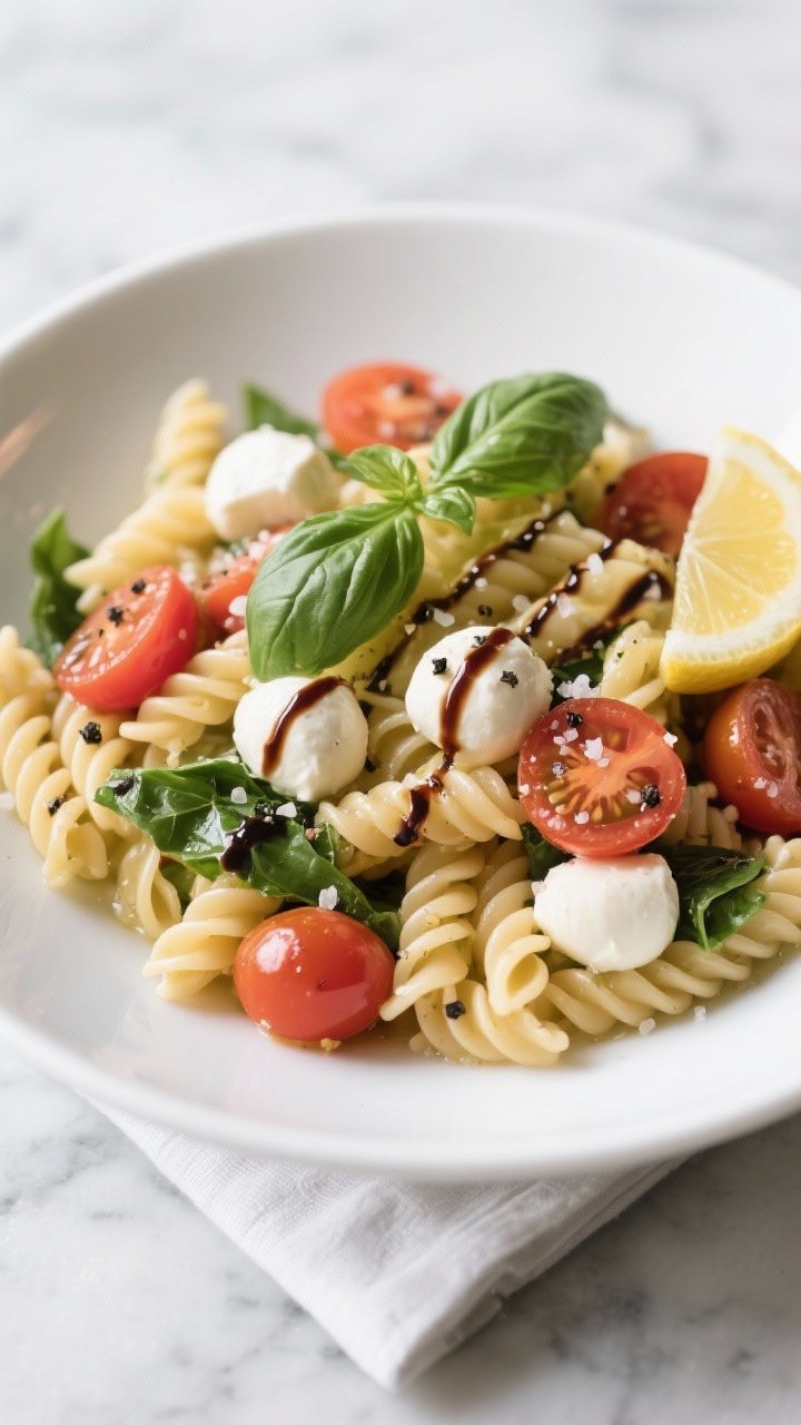 Final dish presentation: Restaurant-quality plated Caprese pasta salad served in a wide, shallow whi