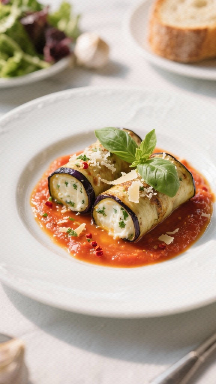 Final dish presentation: Restaurant-quality plated eggplant involtini served in a shallow white plat