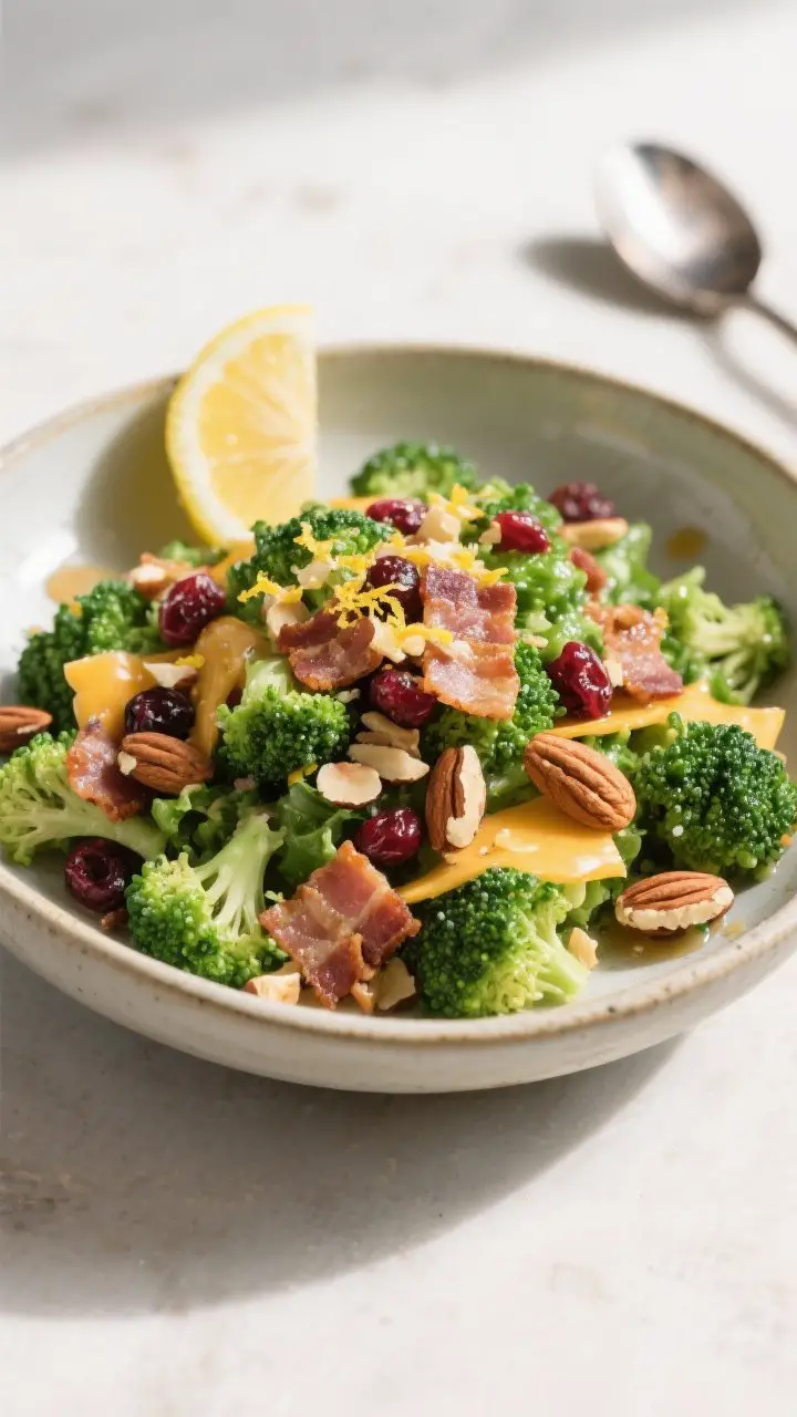 Final dish presentation: Restaurant-quality plated Broccoli Bacon Almond Crunch Salad in a low, wide